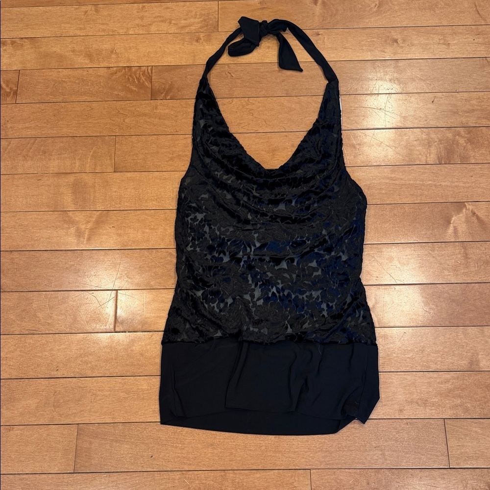 White House Black Market Black Velvet Halter Lace Top Size Medium NWOT